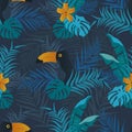 Seamless pattern with hand drawn tropical ornament, palm leaves, flowers and toucan birds Royalty Free Stock Photo